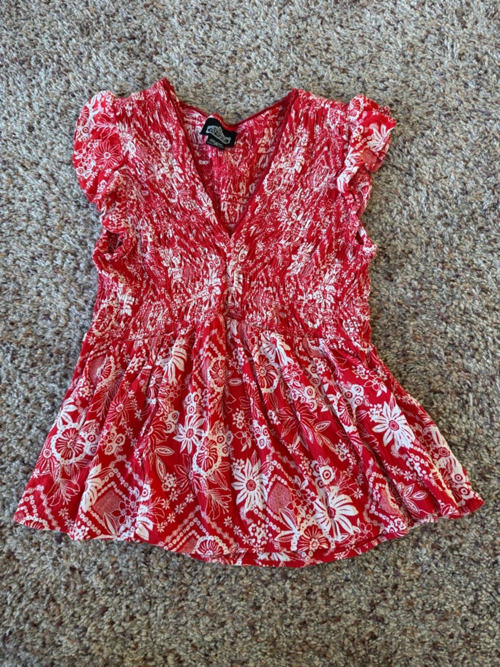 Red Floral Smocked V-Neck Women's Top